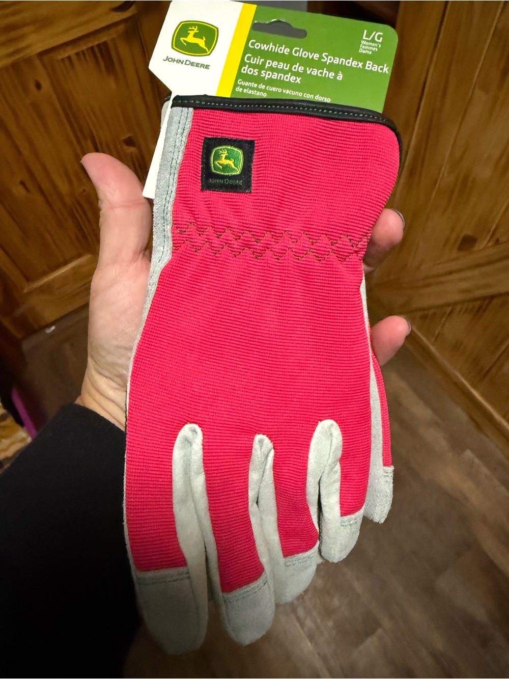 John Deere Pink and Gray Cowhide Spandex Back Work Gloves